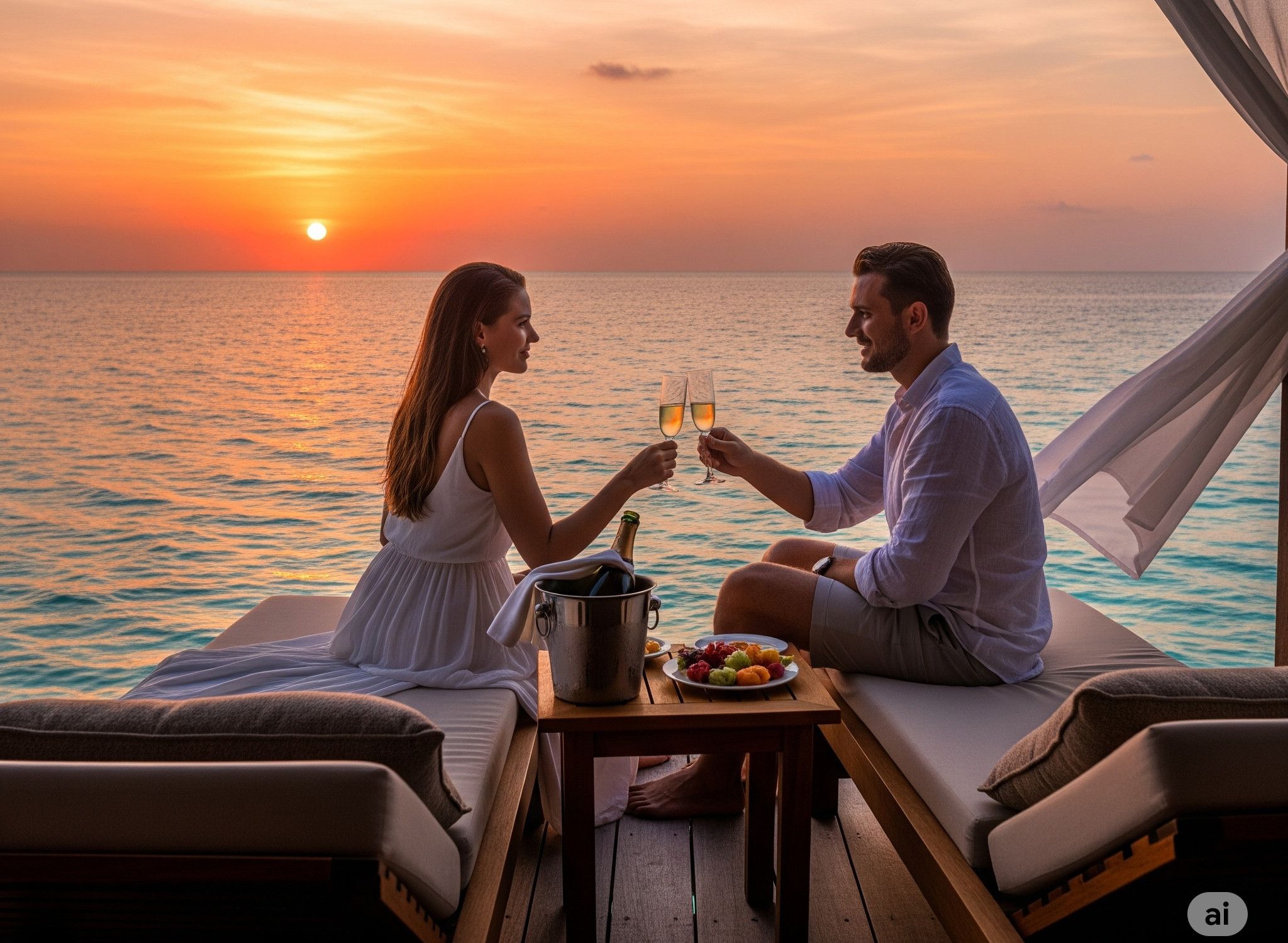 Een romantisch stel op huwelijksreis, zittend op een terras met uitzicht op de oceaan tijdens zonsondergang