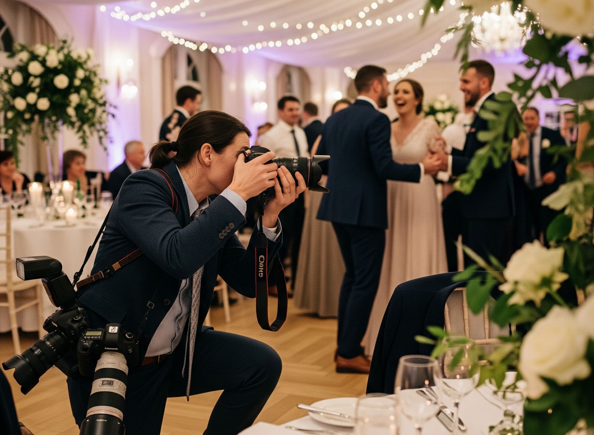 Een huwelijksfotograaf die foto's maakt op een bruiloft